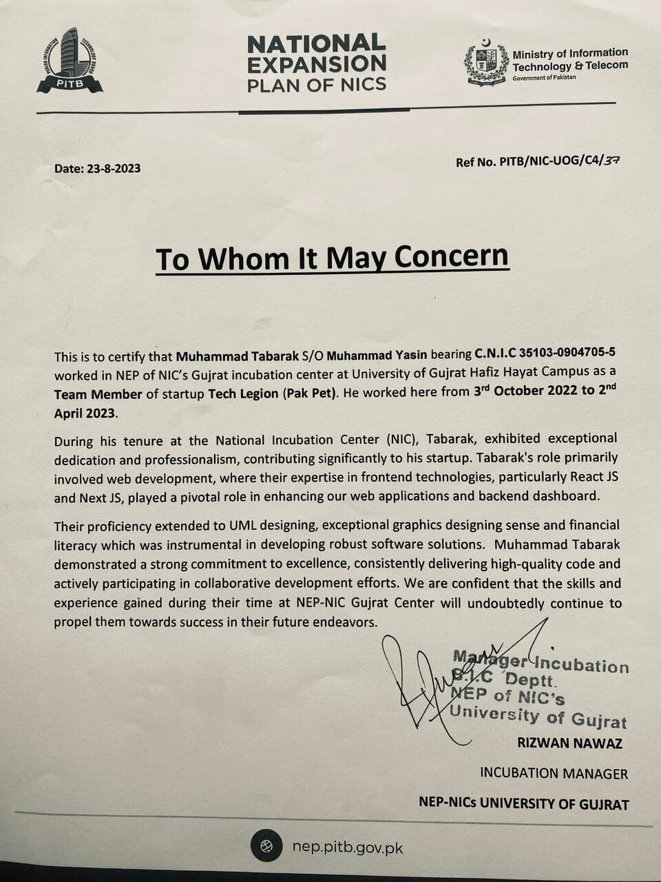 Experience Letter | 6 Month Internship | PITB | NIC